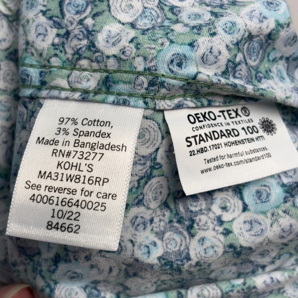 Apt 9 Floral Short Sleeve Button Down Shirt L Blue Green Collared - Picture 4 of 7